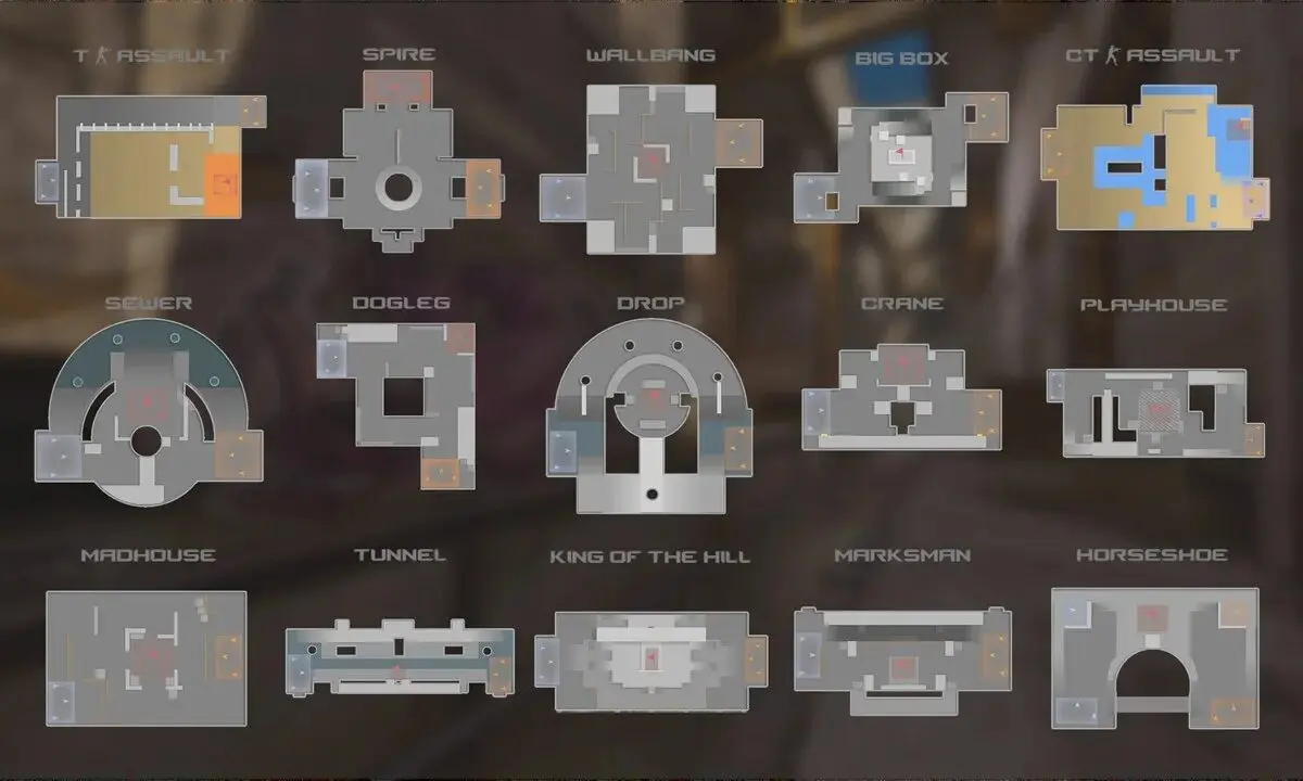 Официальная инфографика Valve с пятнадцатью схемами Rush, включая T Assault, Spi