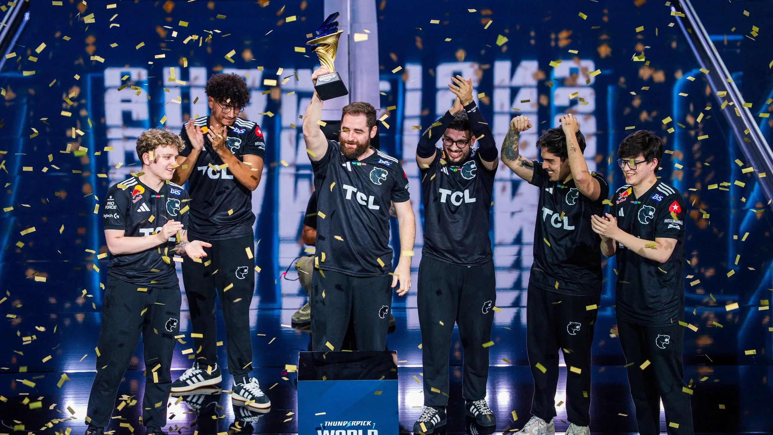 A photo of the FURIA players after their victory at the 2026 Thunderpick World Championship.