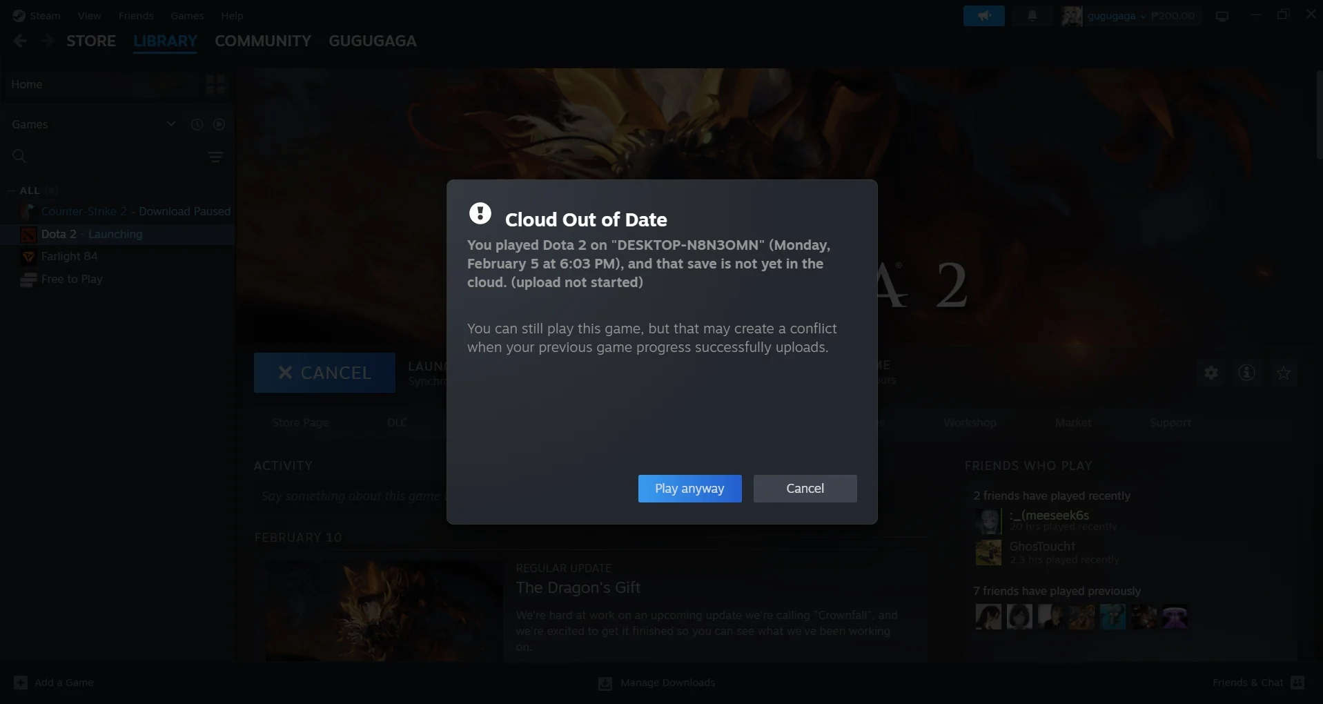 Ошибка Steam Cloud в Dota 2